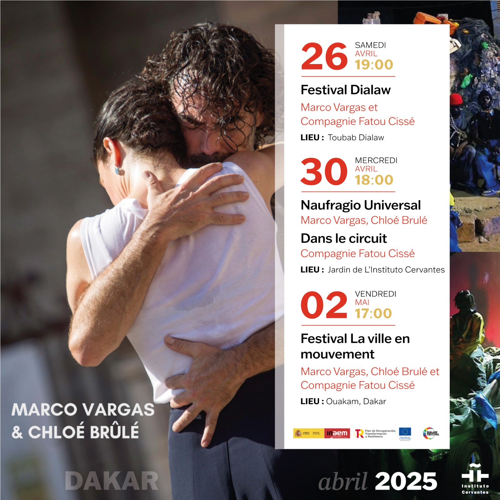 Espectáculo con Marco Vargas, Chloé Brulé y Fatou Cissé en las calles de Dakar